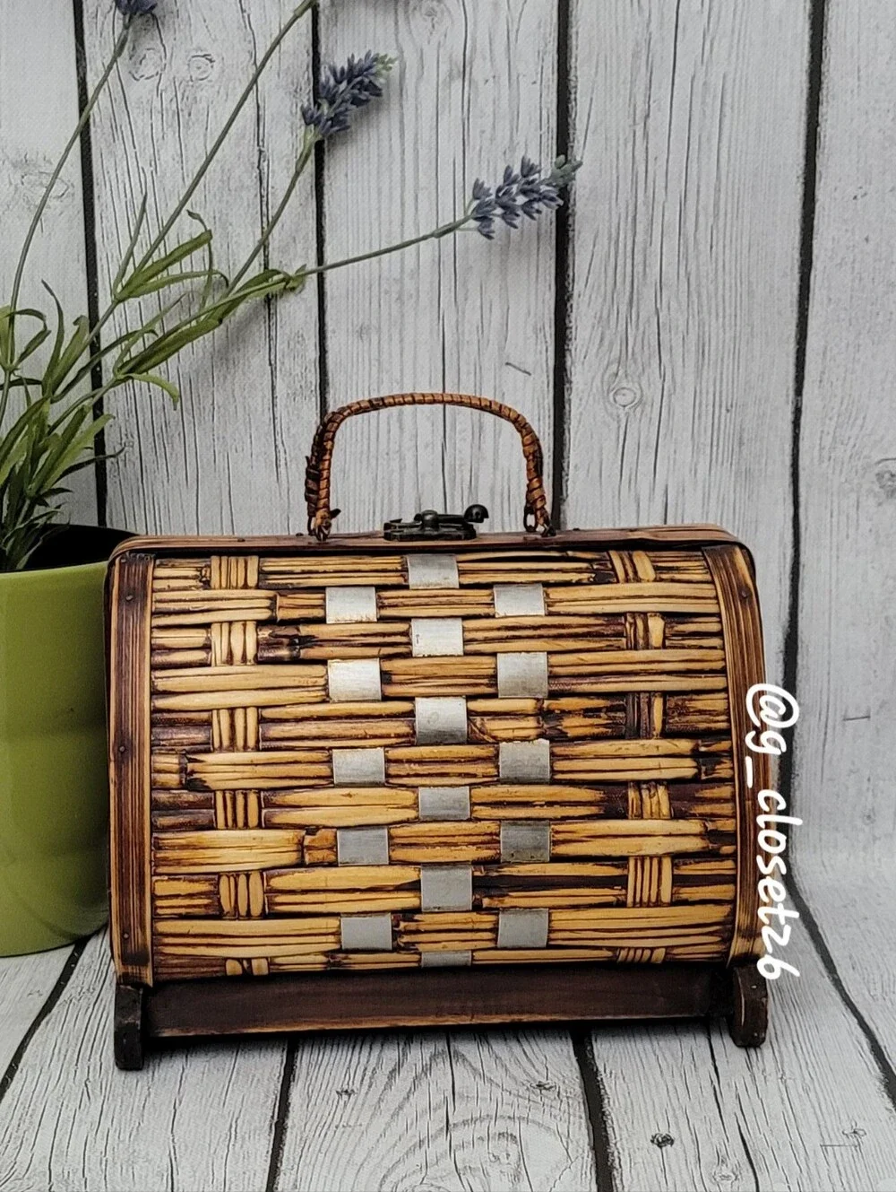 Woven Bamboo Box Purse with Handle - Natural & Silver Metal Accents